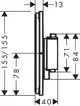 Diagramm eines Hansgrohe Thermostats in Chrom mit verschiedenen Maßangaben. Seitenansicht zeigt Anschluss und Montagepunkte.